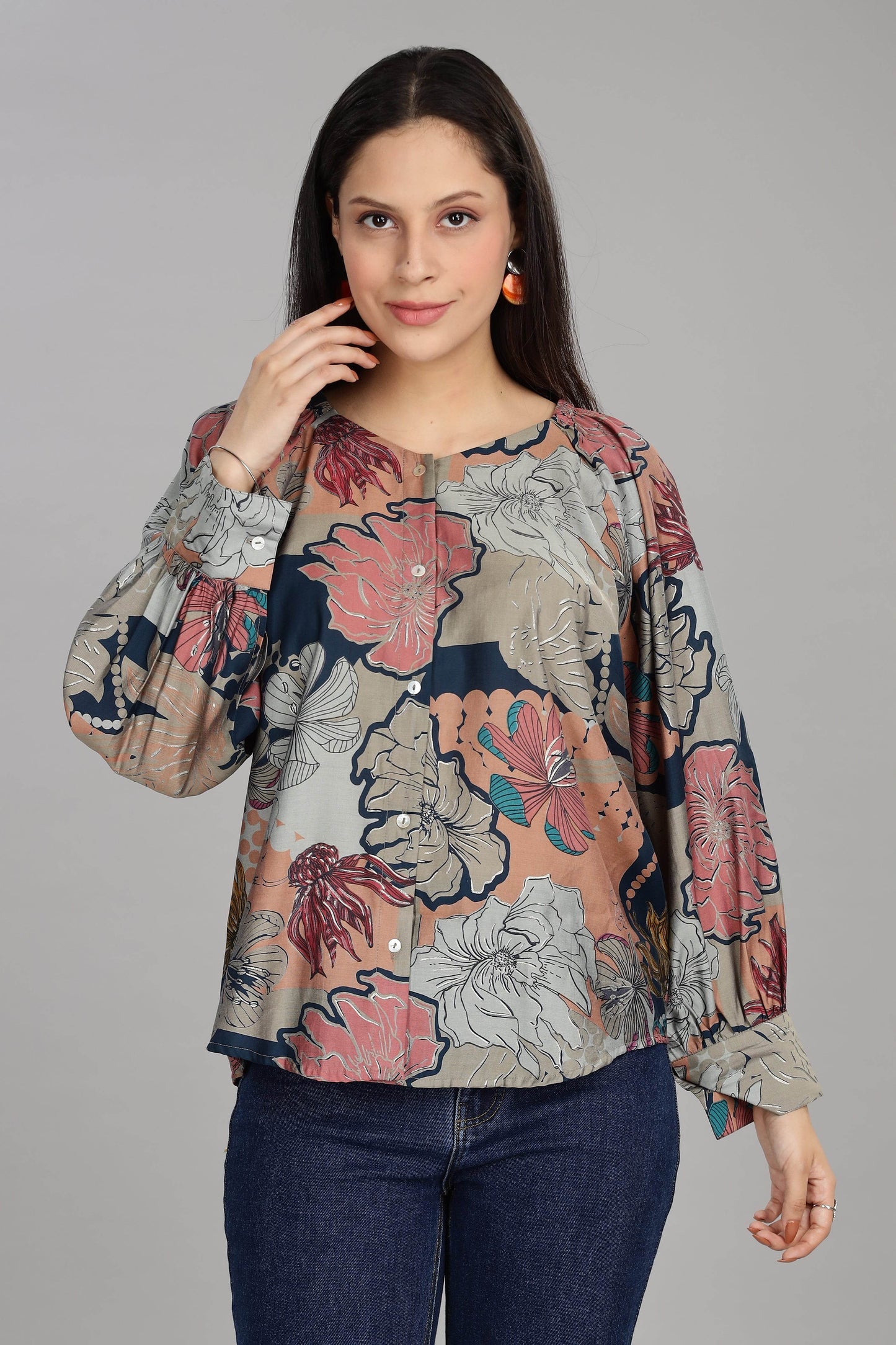 BulBul Women Teal All Over Printed V Neck Loose Fit Top - BulBul