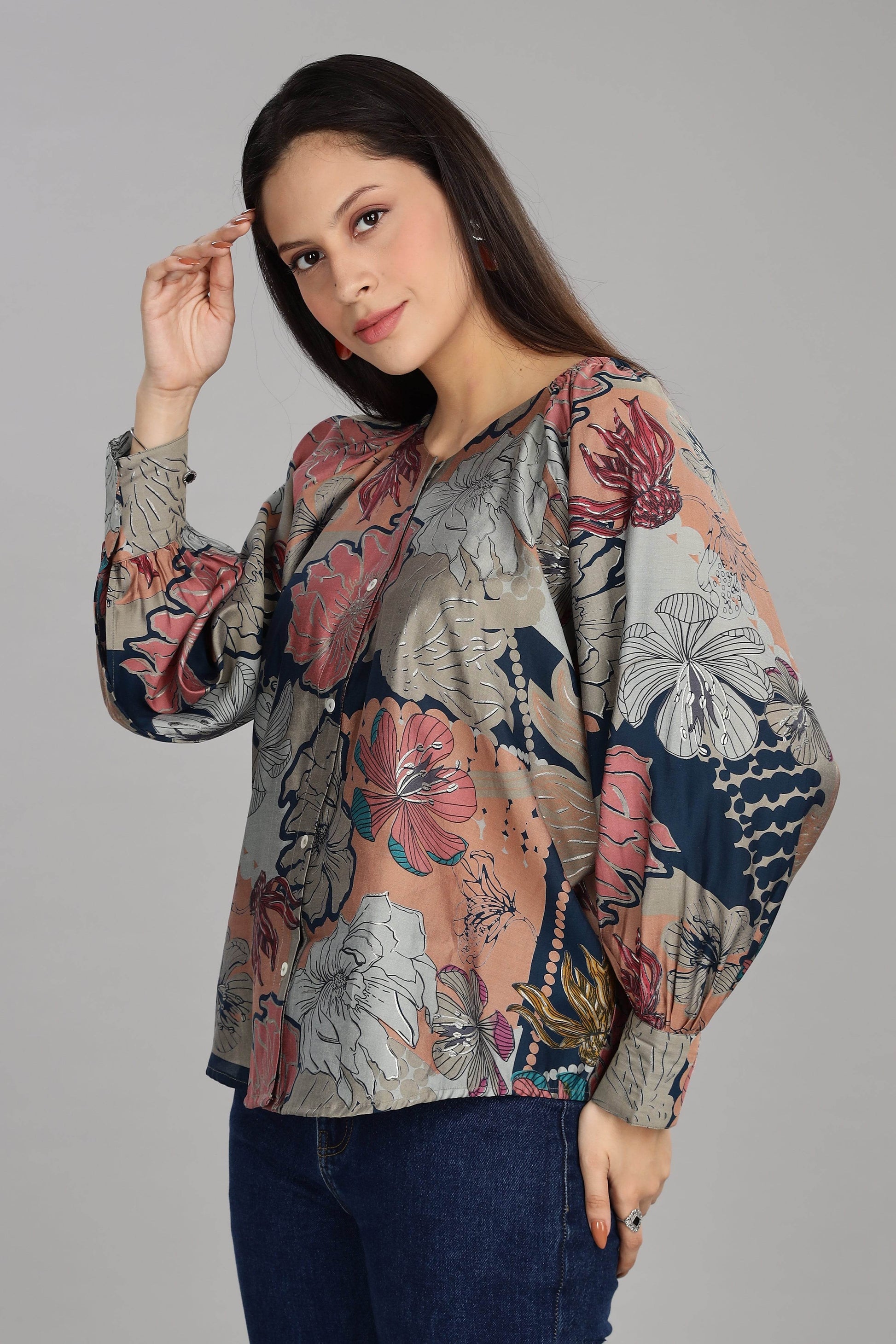 BulBul Women Teal All Over Printed V Neck Loose Fit Top - BulBul