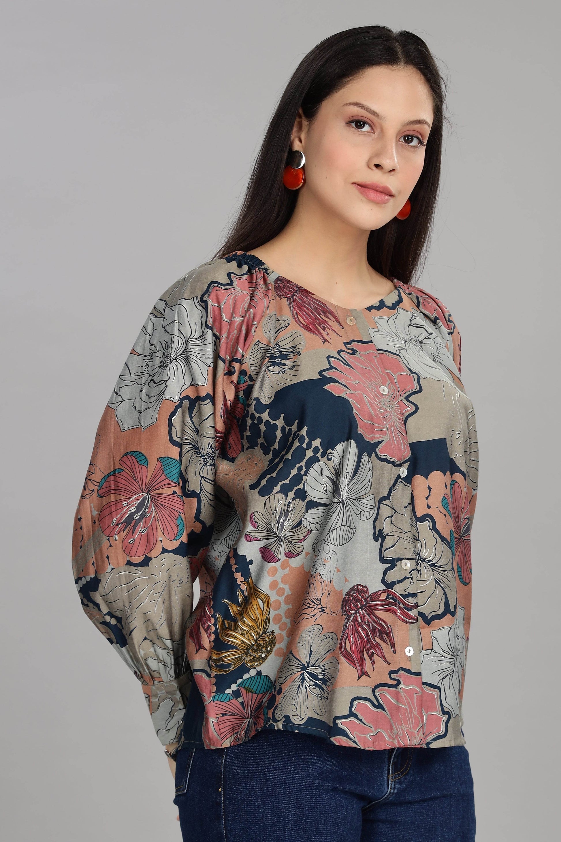 BulBul Women Teal All Over Printed V Neck Loose Fit Top - BulBul