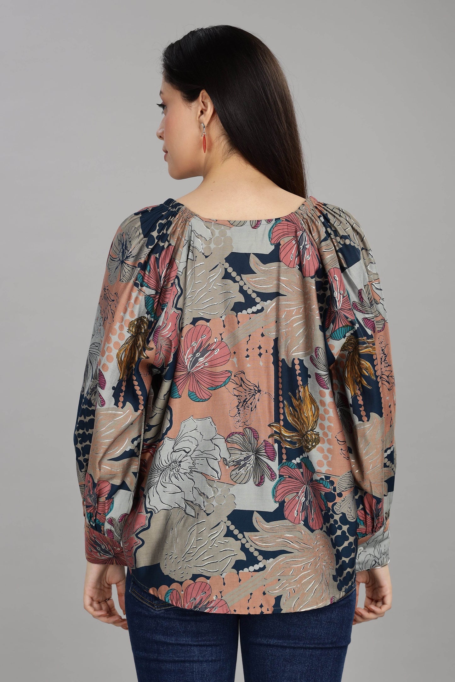 BulBul Women Teal All Over Printed V Neck Loose Fit Top - BulBul