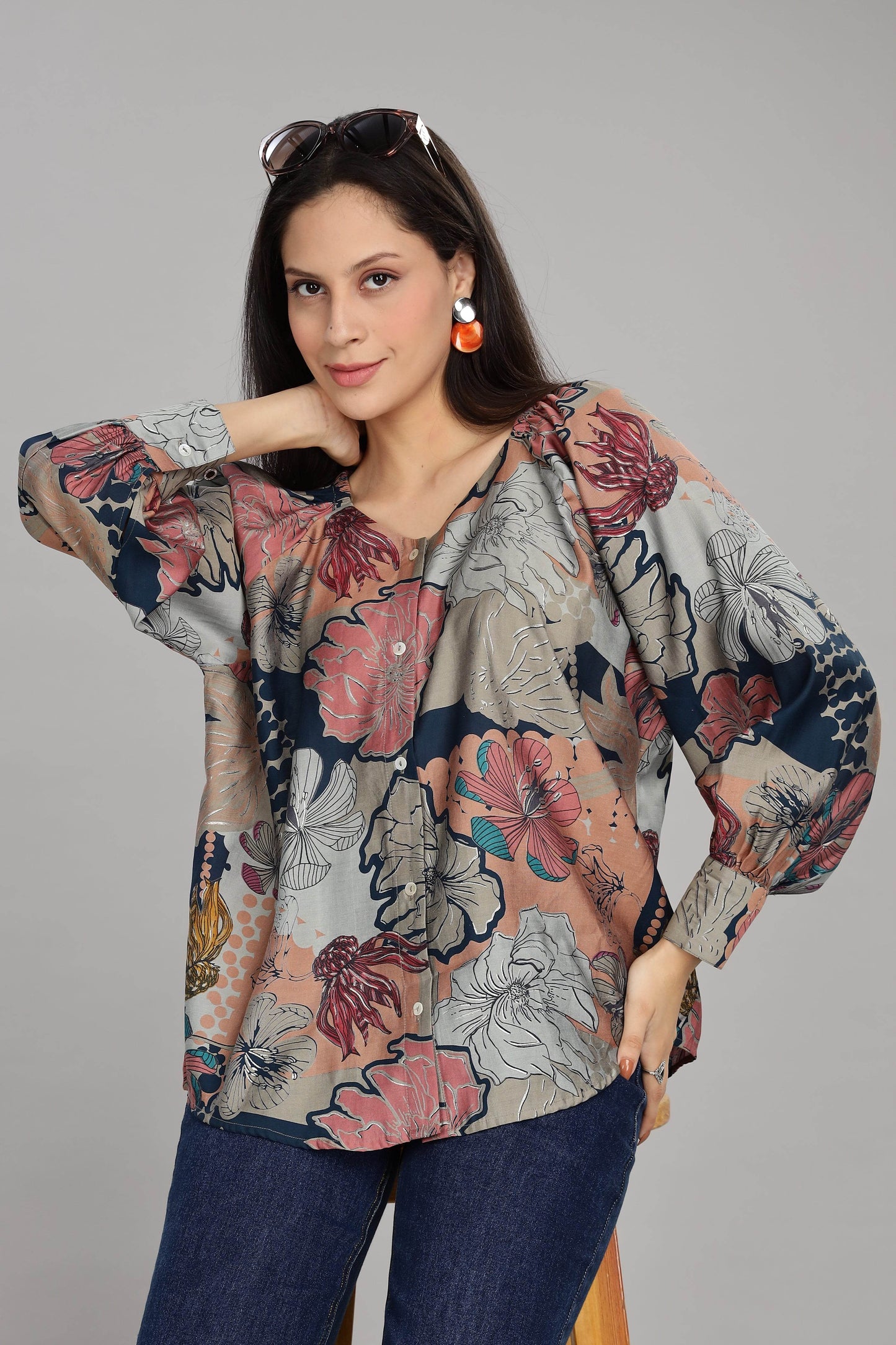 BulBul Women Teal All Over Printed V Neck Loose Fit Top - BulBul