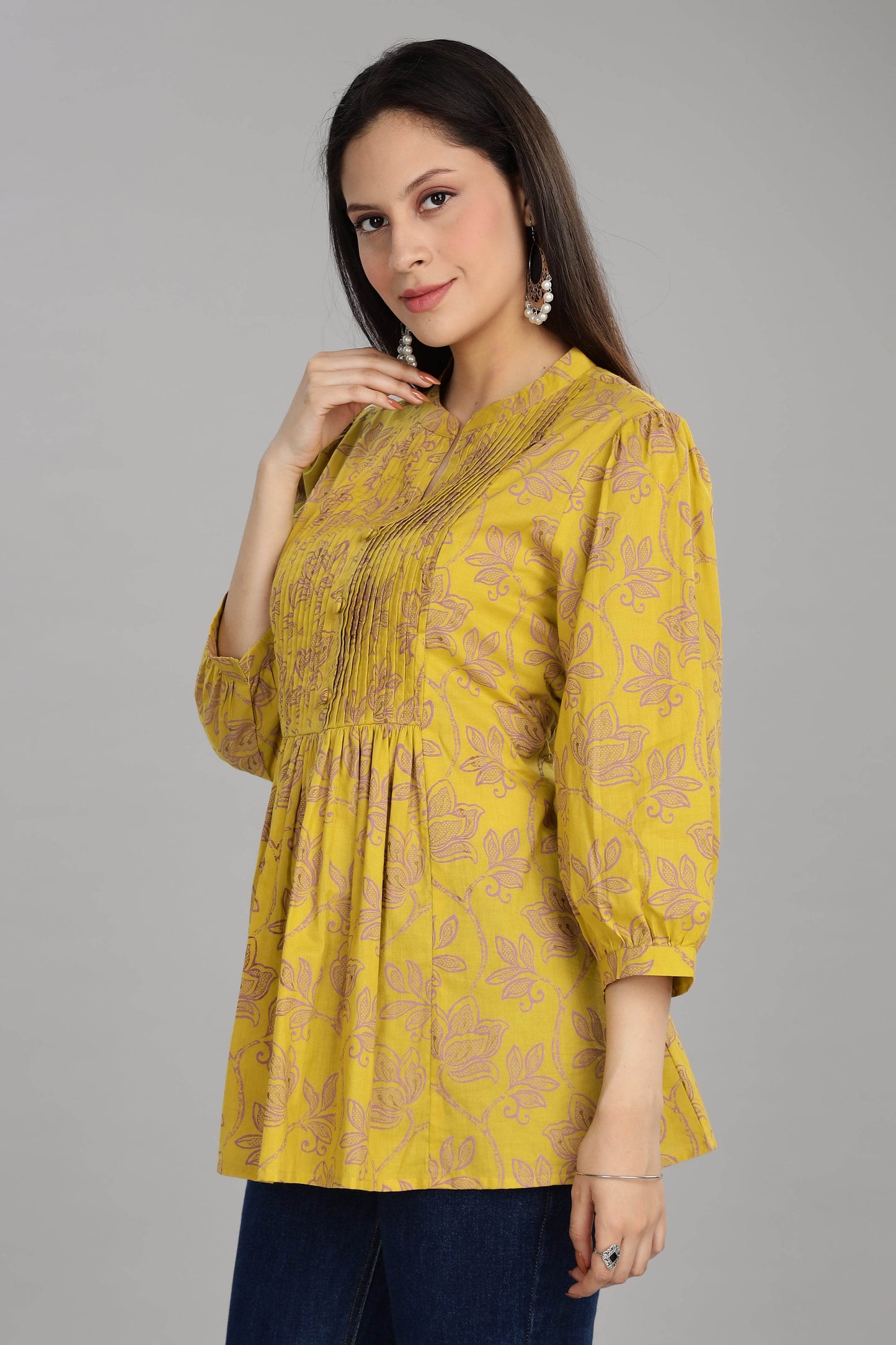 BulBul Women Mandarin Collar Yellow Floral Printed Pleated Top - BulBul