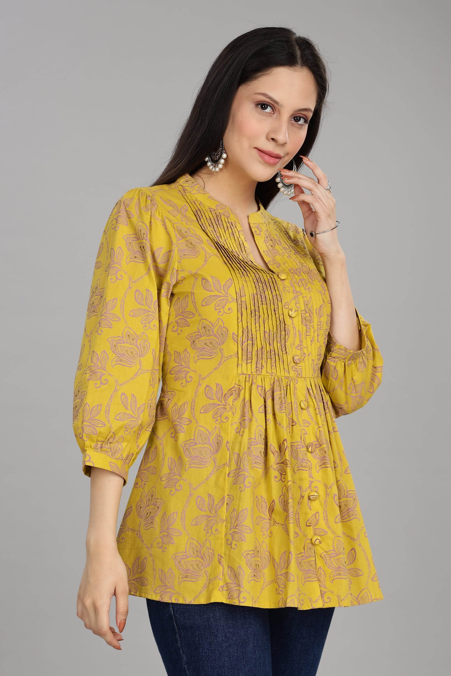 BulBul Women Mandarin Collar Yellow Floral Printed Pleated Top - BulBul