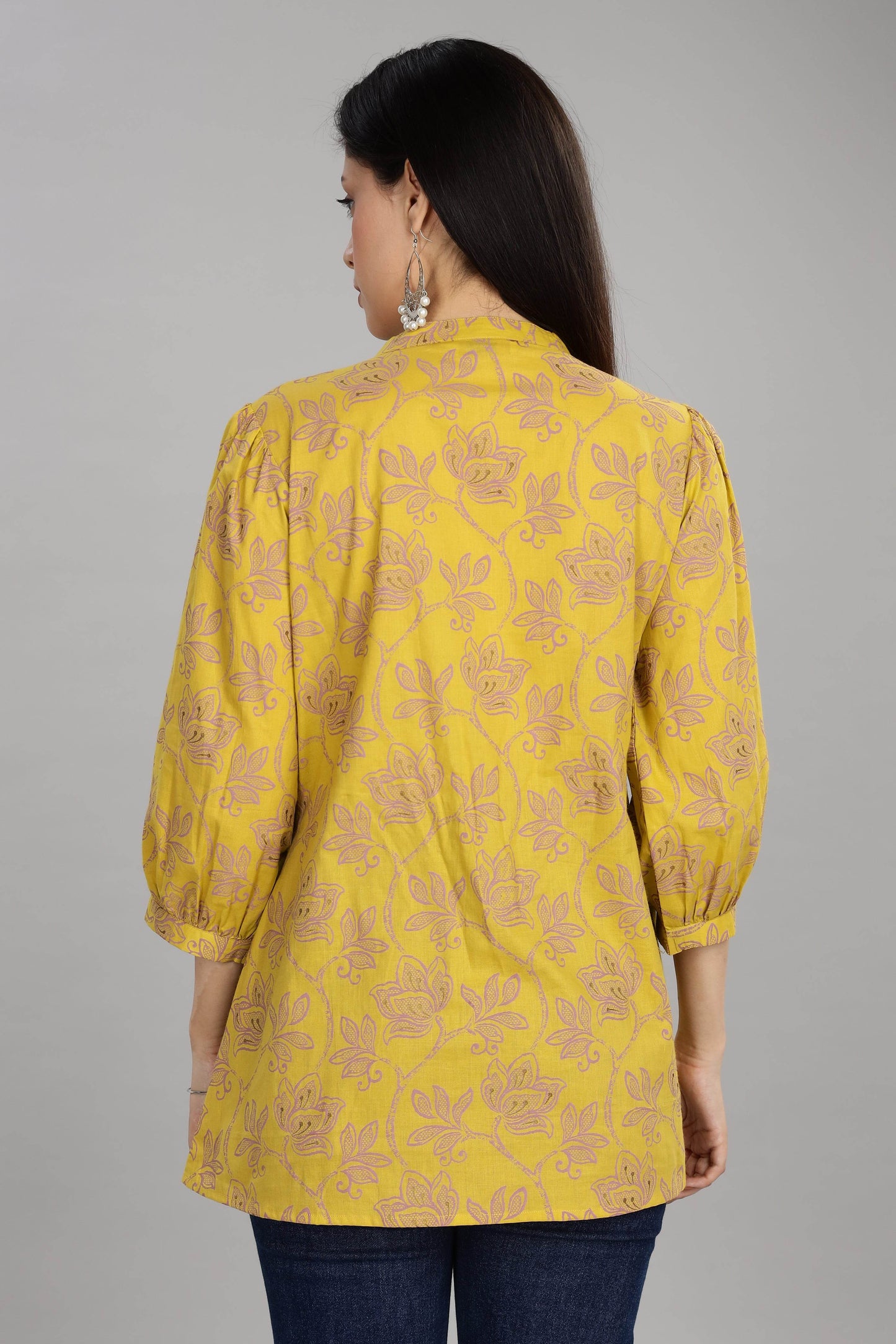 BulBul Women Mandarin Collar Yellow Floral Printed Pleated Top - BulBul