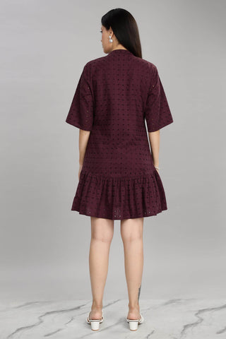 BulBul Women Wine Cotton Schiffli Short Dress - BulBul