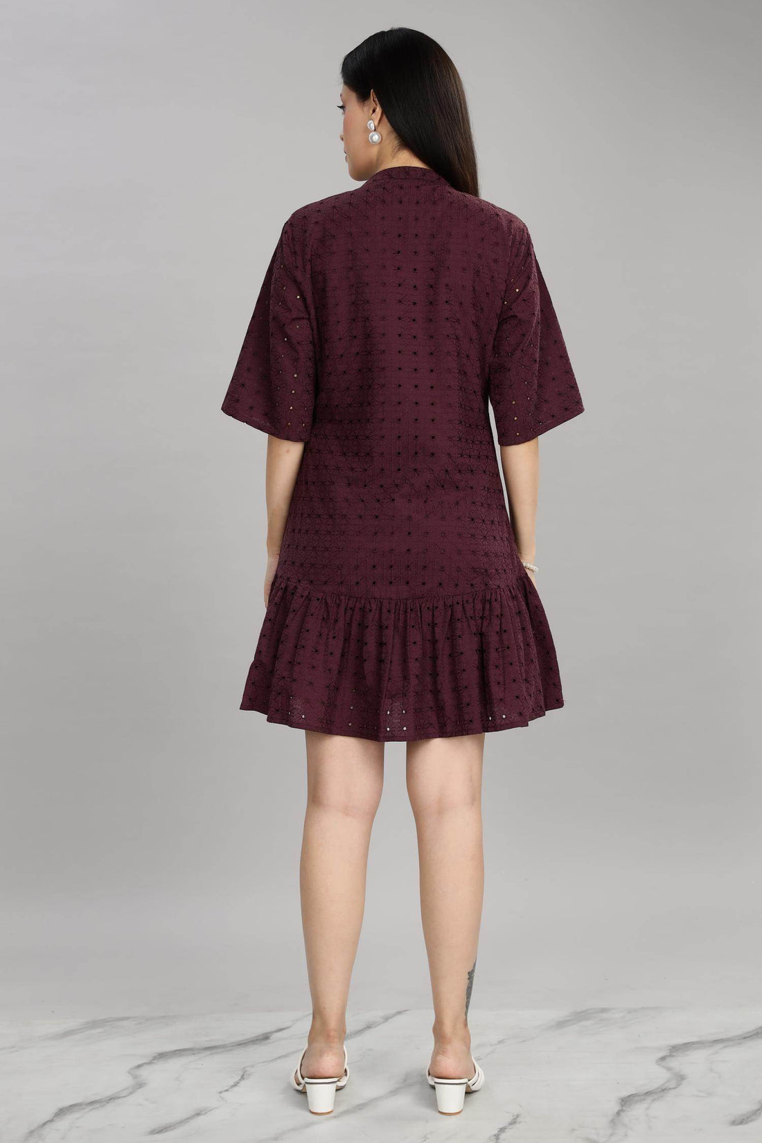 BulBul Women Wine Cotton Schiffli Short Dress - BulBul