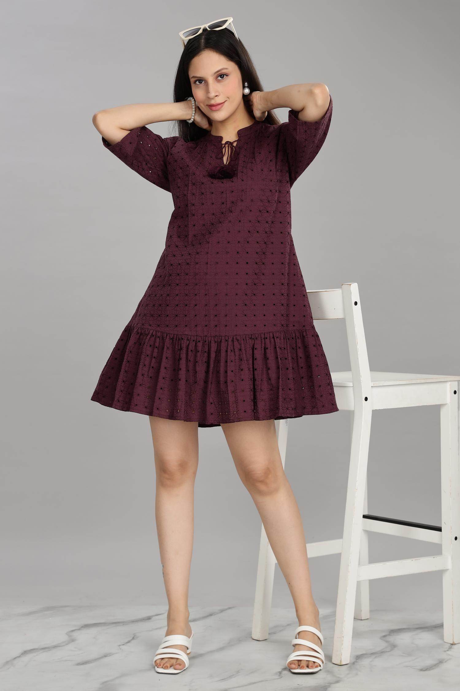 BulBul Women Wine Cotton Schiffli Short Dress - BulBul