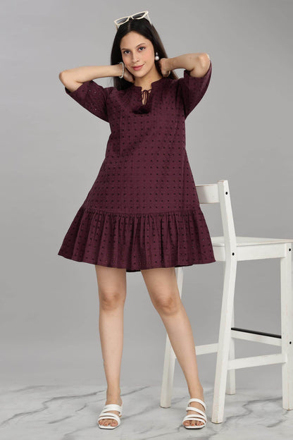 BulBul Women Wine Cotton Schiffli Short Dress - BulBul