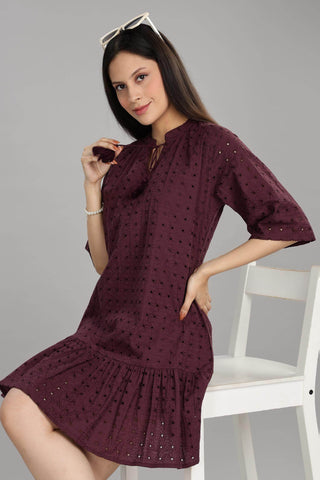BulBul Women Wine Cotton Schiffli Short Dress - BulBul