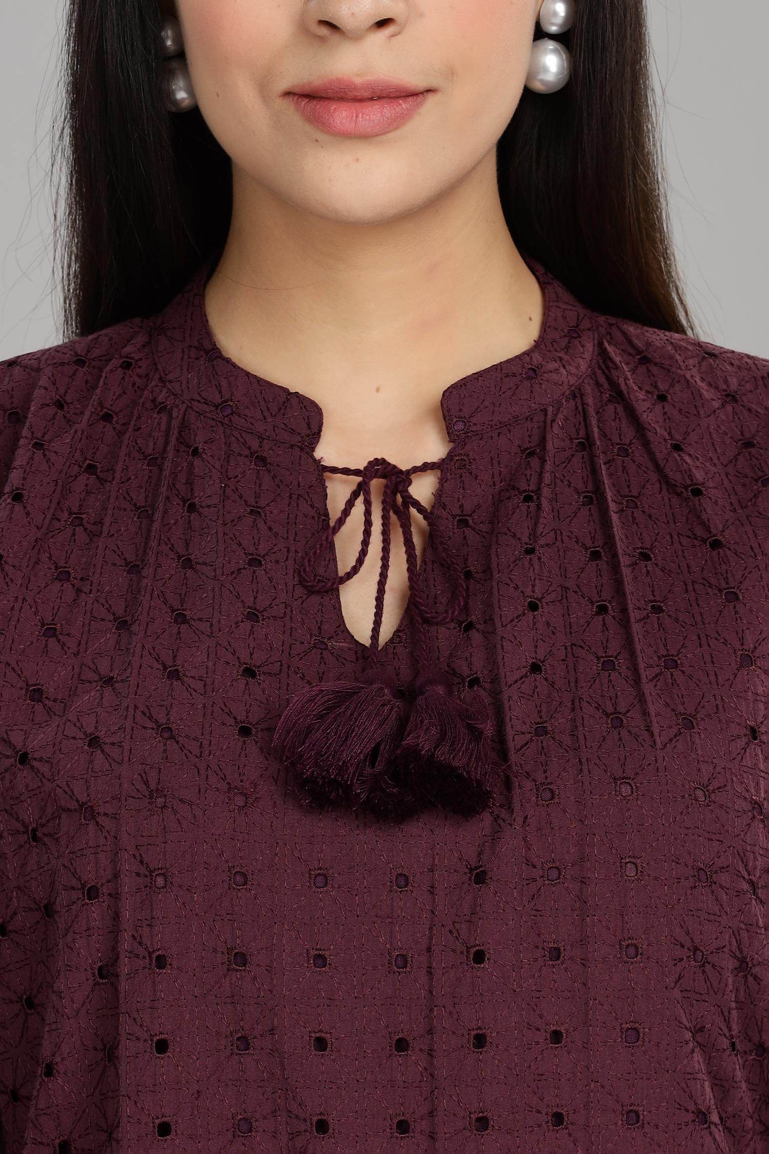 BulBul Women Wine Cotton Schiffli Short Dress - BulBul