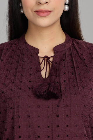 BulBul Women Wine Cotton Schiffli Short Dress - BulBul