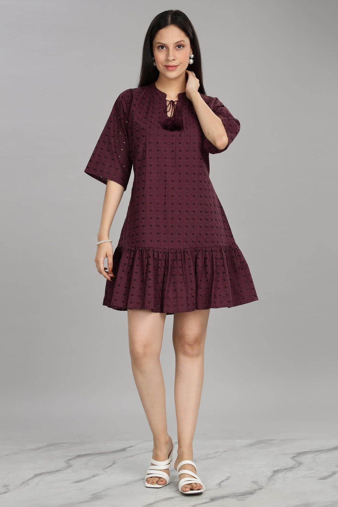 BulBul Women Wine Cotton Schiffli Short Dress - BulBul