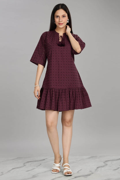BulBul Women Wine Cotton Schiffli Short Dress - BulBul