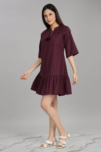 BulBul Women Wine Cotton Schiffli Short Dress - BulBul