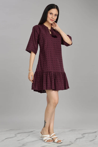 BulBul Women Wine Cotton Schiffli Short Dress - BulBul