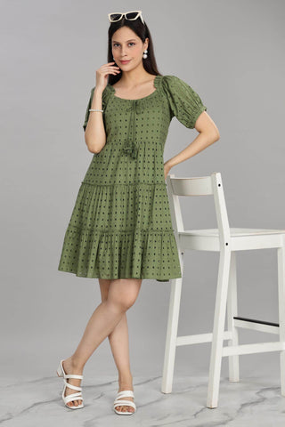 BulBul Women Green Cotton Schiffli Short Dress - BulBul