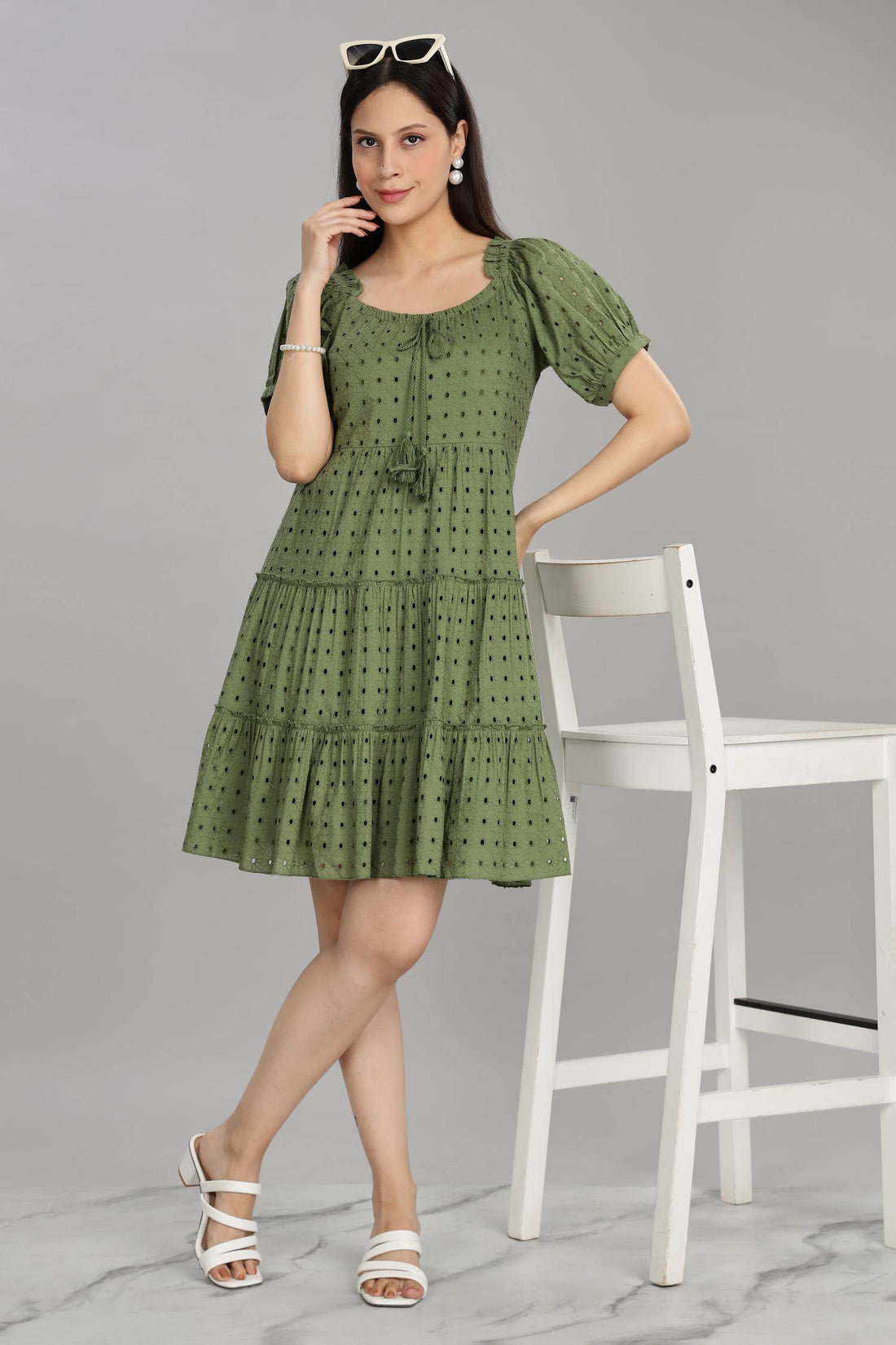 BulBul Women Green Cotton Schiffli Short Dress - BulBul