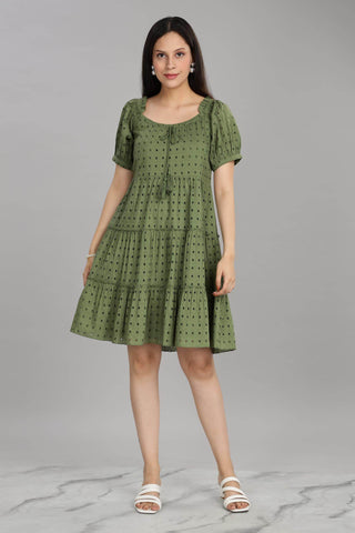 BulBul Women Green Cotton Schiffli Short Dress - BulBul