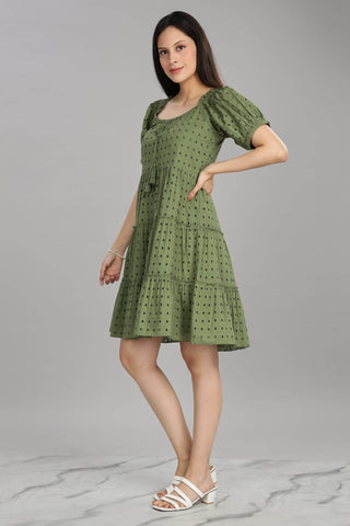 BulBul Women Green Cotton Schiffli Short Dress - BulBul