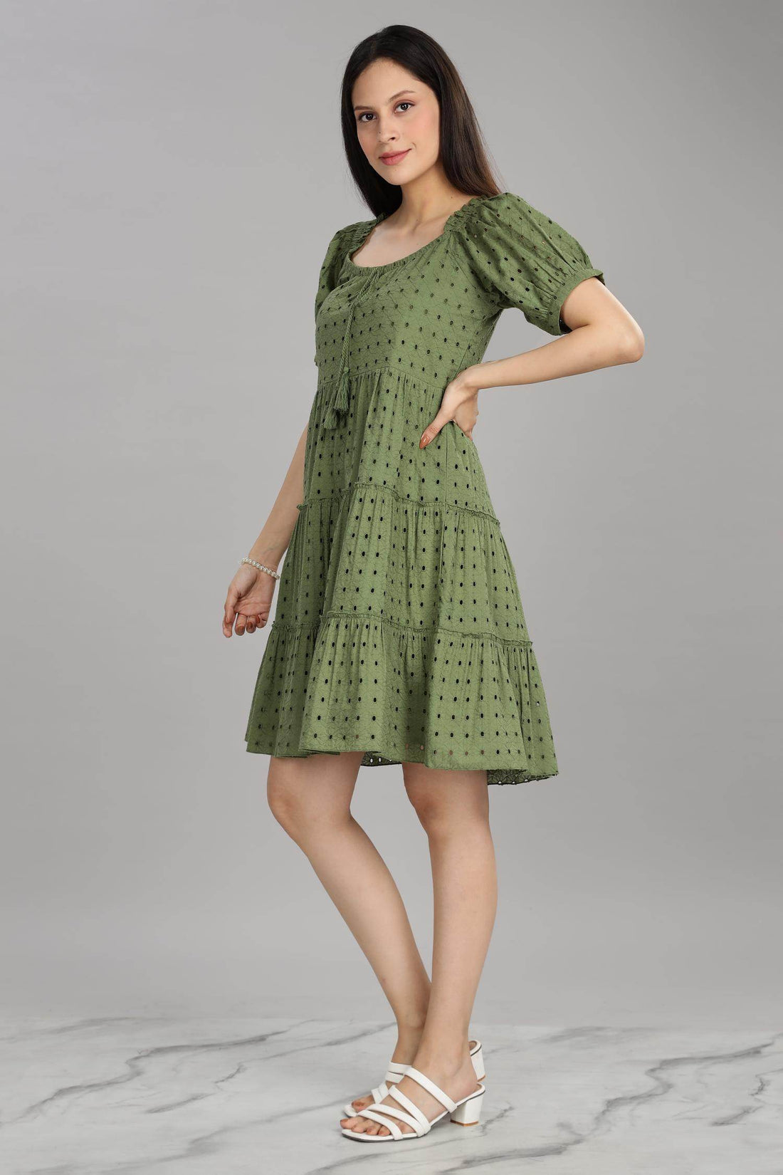 BulBul Women Green Cotton Schiffli Short Dress - BulBul