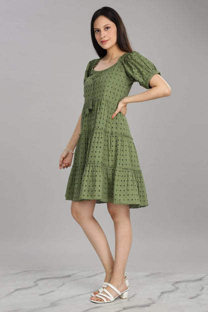 BulBul Women Green Cotton Schiffli Short Dress - BulBul