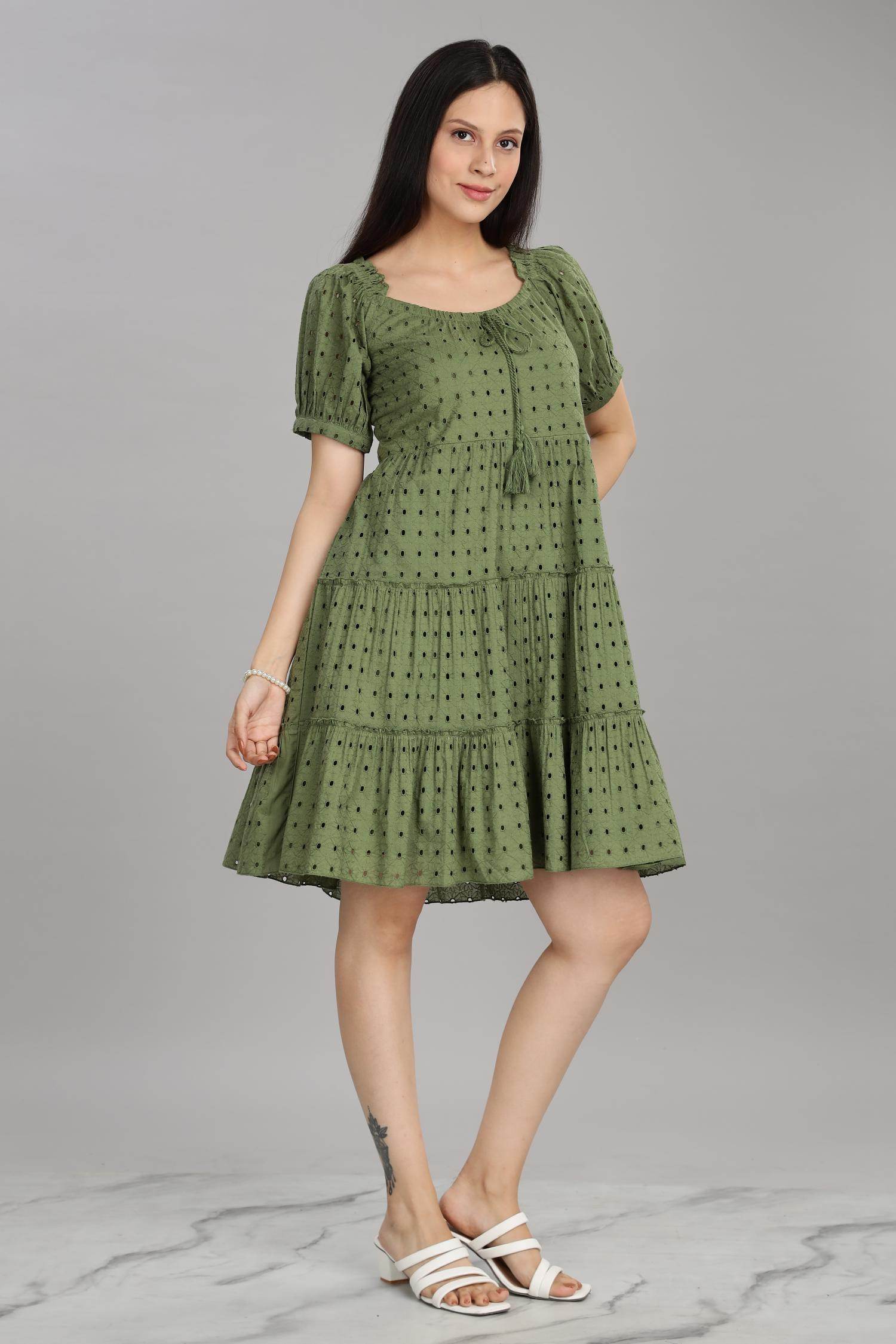 BulBul Women Green Cotton Schiffli Short Dress - BulBul