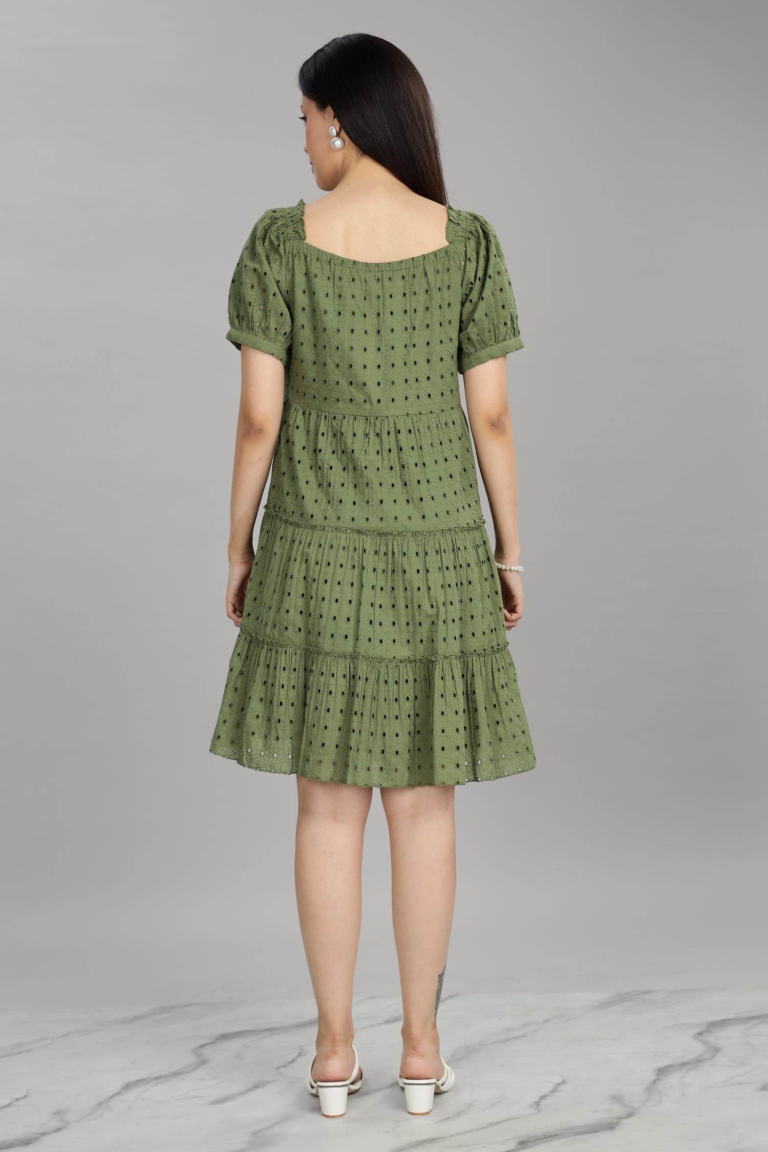 BulBul Women Green Cotton Schiffli Short Dress - BulBul