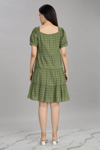 BulBul Women Green Cotton Schiffli Short Dress - BulBul