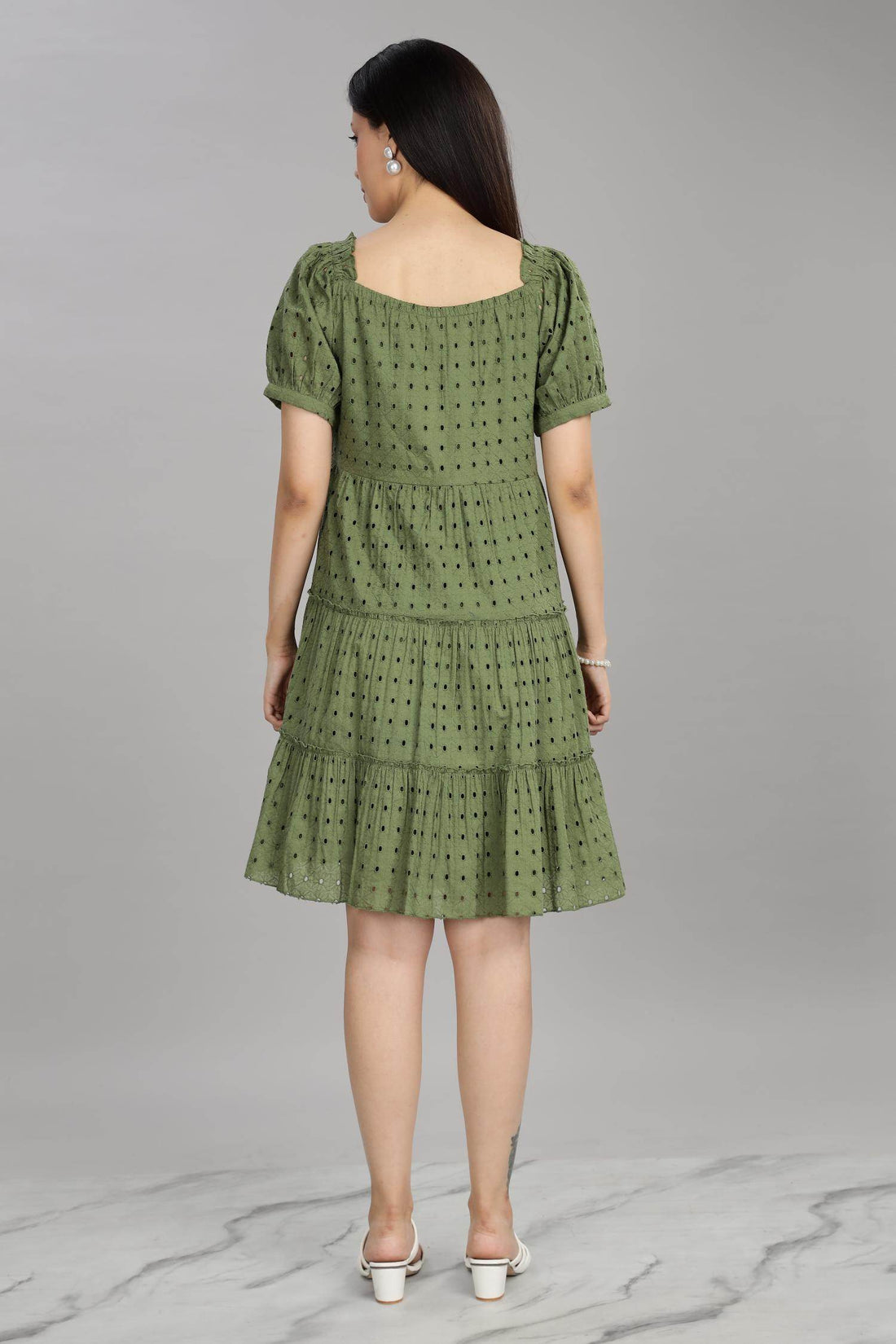BulBul Women Green Cotton Schiffli Short Dress - BulBul