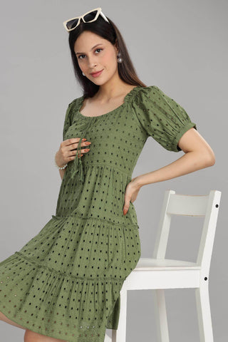 BulBul Women Green Cotton Schiffli Short Dress - BulBul