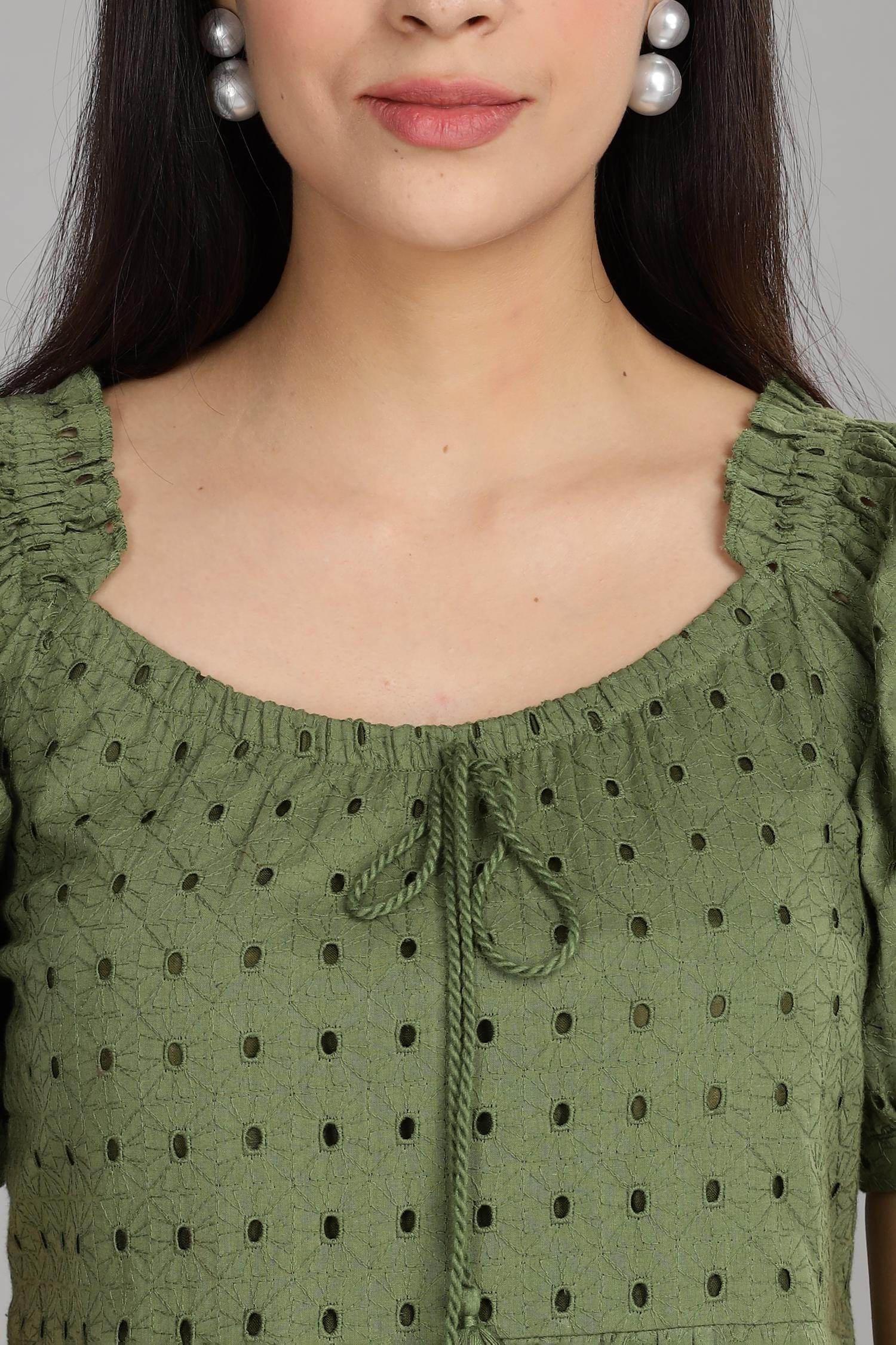 BulBul Women Green Cotton Schiffli Short Dress - BulBul