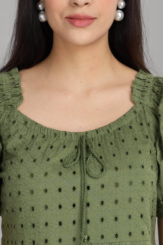 BulBul Women Green Cotton Schiffli Short Dress - BulBul