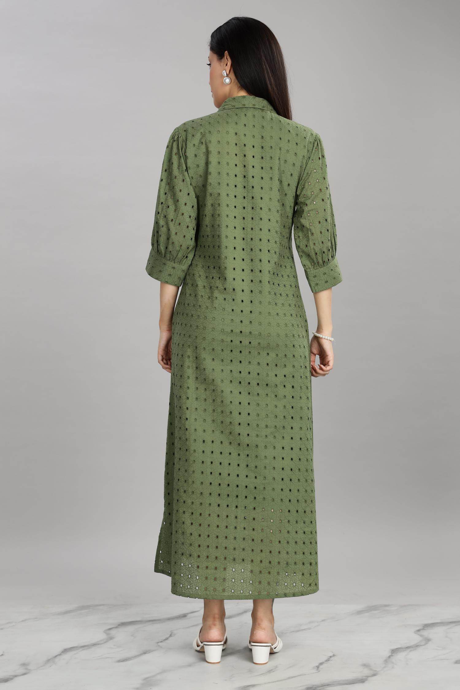 BulBul Women Green Cotton Schiffli Midi Dress - BulBul