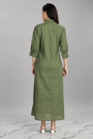 BulBul Women Green Cotton Schiffli Midi Dress - BulBul