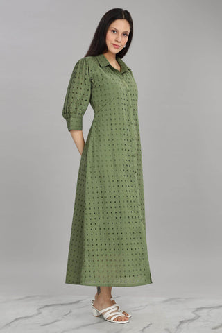 BulBul Women Green Cotton Schiffli Midi Dress - BulBul
