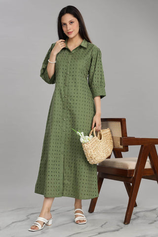 BulBul Women Green Cotton Schiffli Midi Dress - BulBul