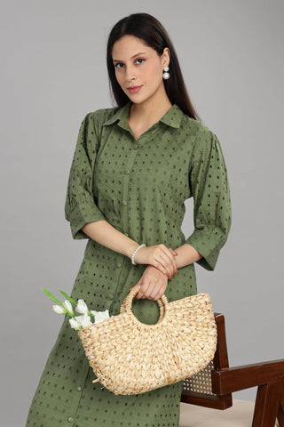BulBul Women Green Cotton Schiffli Midi Dress - BulBul