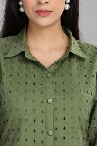 BulBul Women Green Cotton Schiffli Midi Dress - BulBul