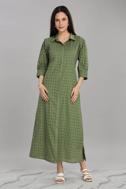 BulBul Women Green Cotton Schiffli Midi Dress - BulBul