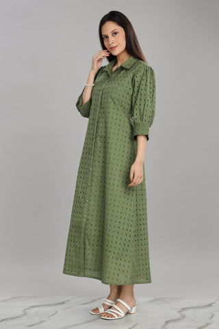 BulBul Women Green Cotton Schiffli Midi Dress - BulBul