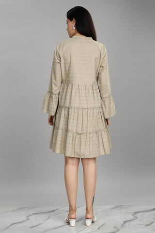 BulBul Women Beige Cotton Schiffli Solid Button Front Dress - BulBul