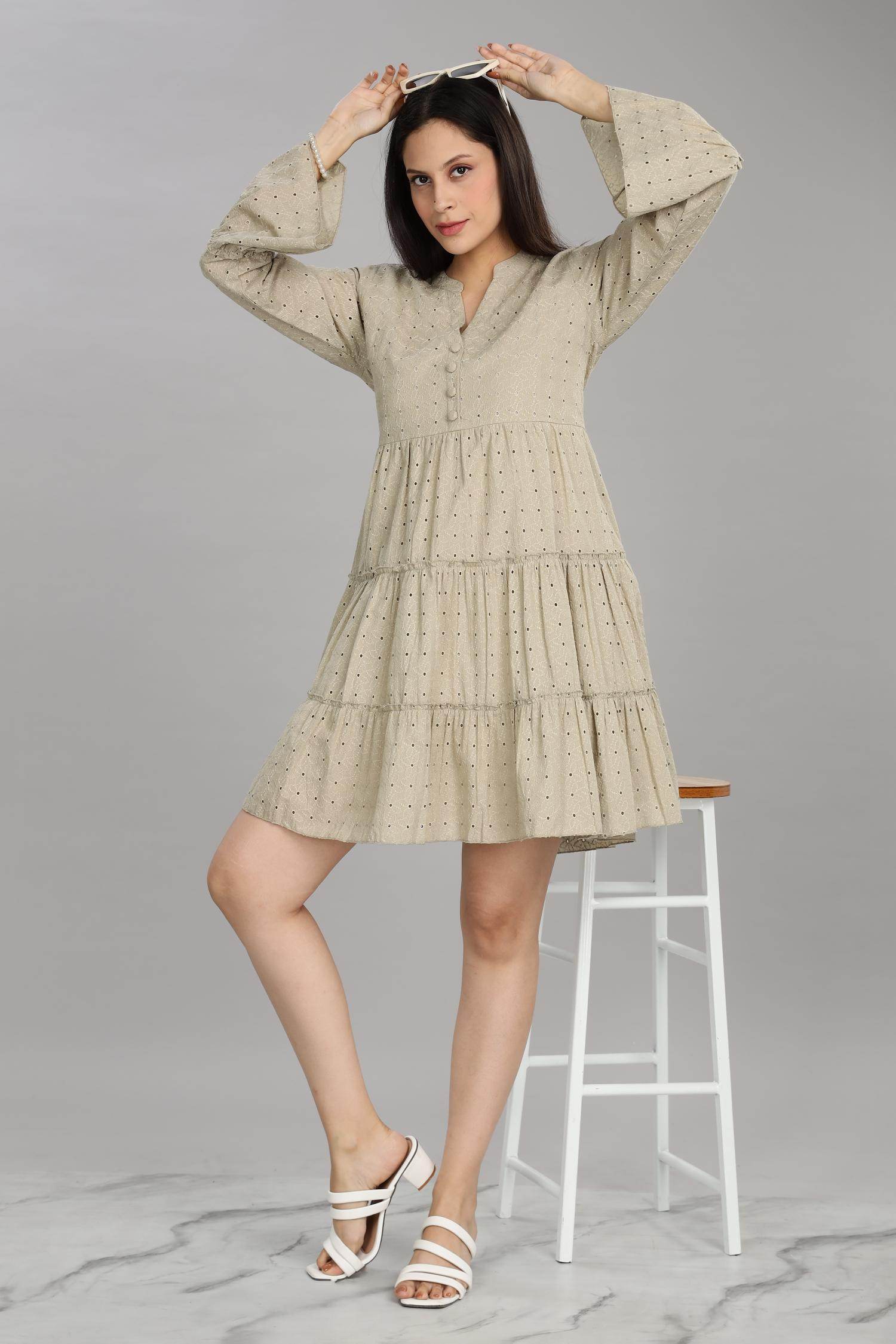 BulBul Women Beige Cotton Schiffli Solid Button Front Dress - BulBul