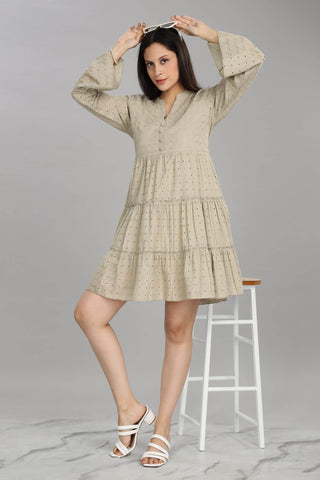BulBul Women Beige Cotton Schiffli Solid Button Front Dress - BulBul