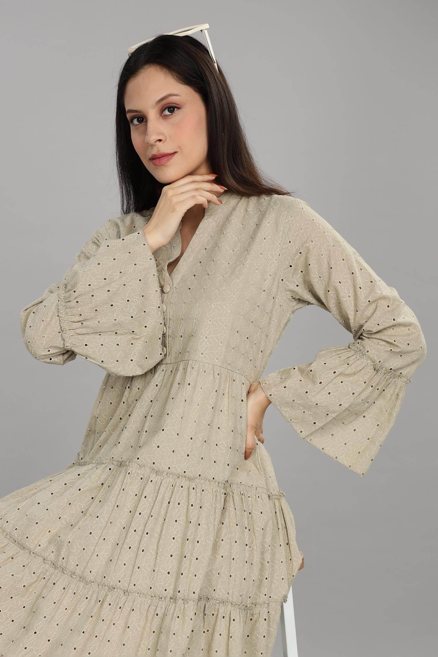 BulBul Women Beige Cotton Schiffli Solid Button Front Dress - BulBul