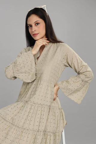 BulBul Women Beige Cotton Schiffli Solid Button Front Dress - BulBul