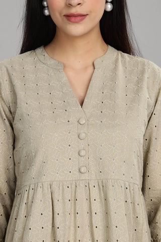 BulBul Women Beige Cotton Schiffli Solid Button Front Dress - BulBul