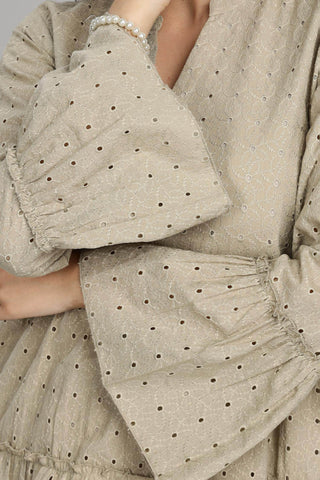 BulBul Women Beige Cotton Schiffli Solid Button Front Dress - BulBul