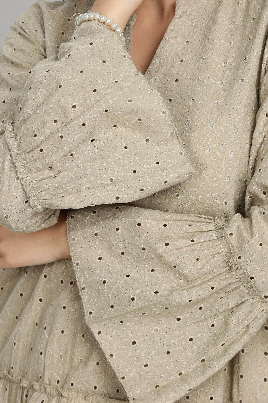 BulBul Women Beige Cotton Schiffli Solid Button Front Dress - BulBul