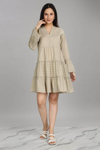 BulBul Women Beige Cotton Schiffli Solid Button Front Dress - BulBul