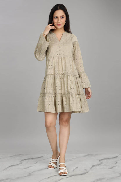 BulBul Women Beige Cotton Schiffli Solid Button Front Dress - BulBul